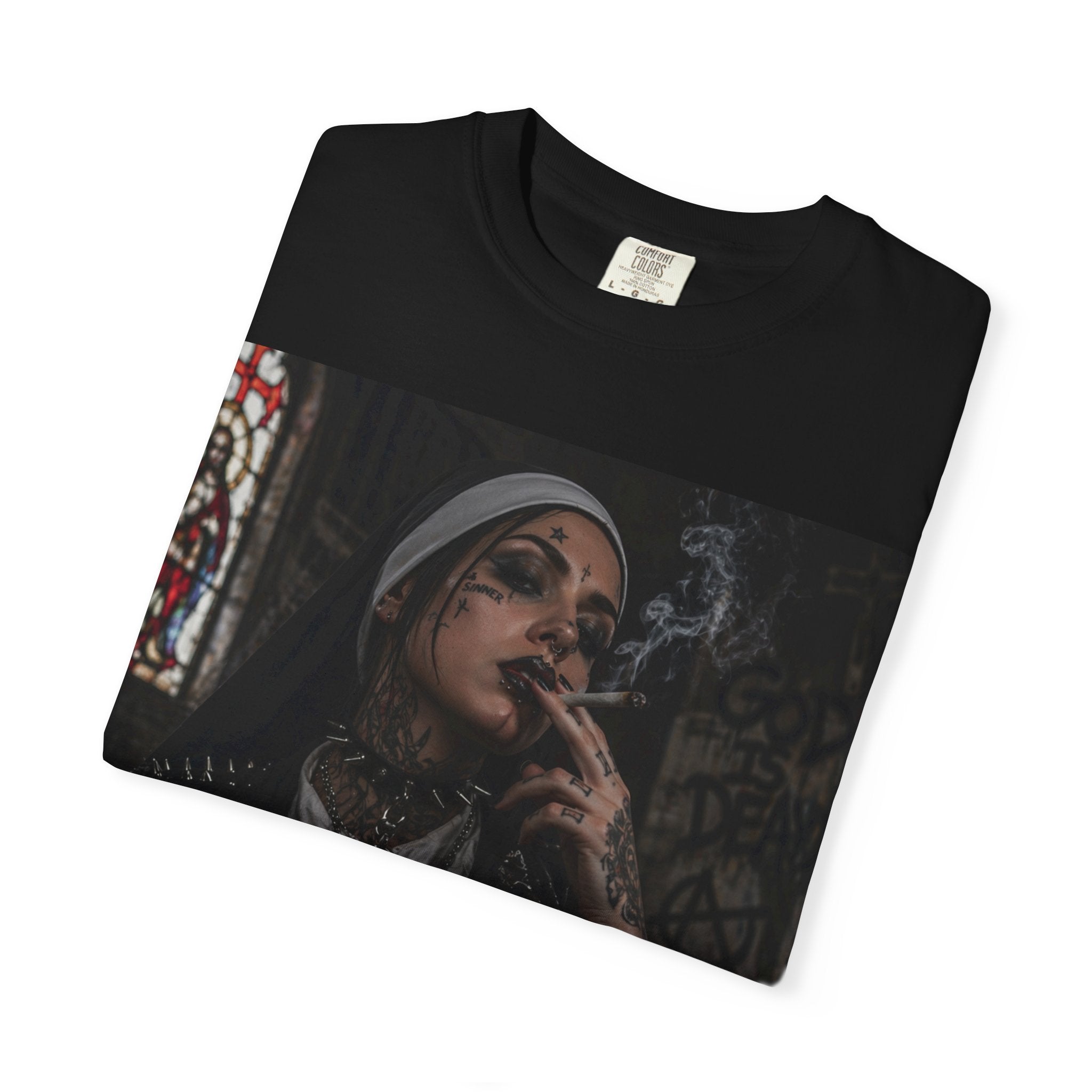 Dark Nun Portrait T-Shirt — Gothic Smoking Nun Graphic Tee