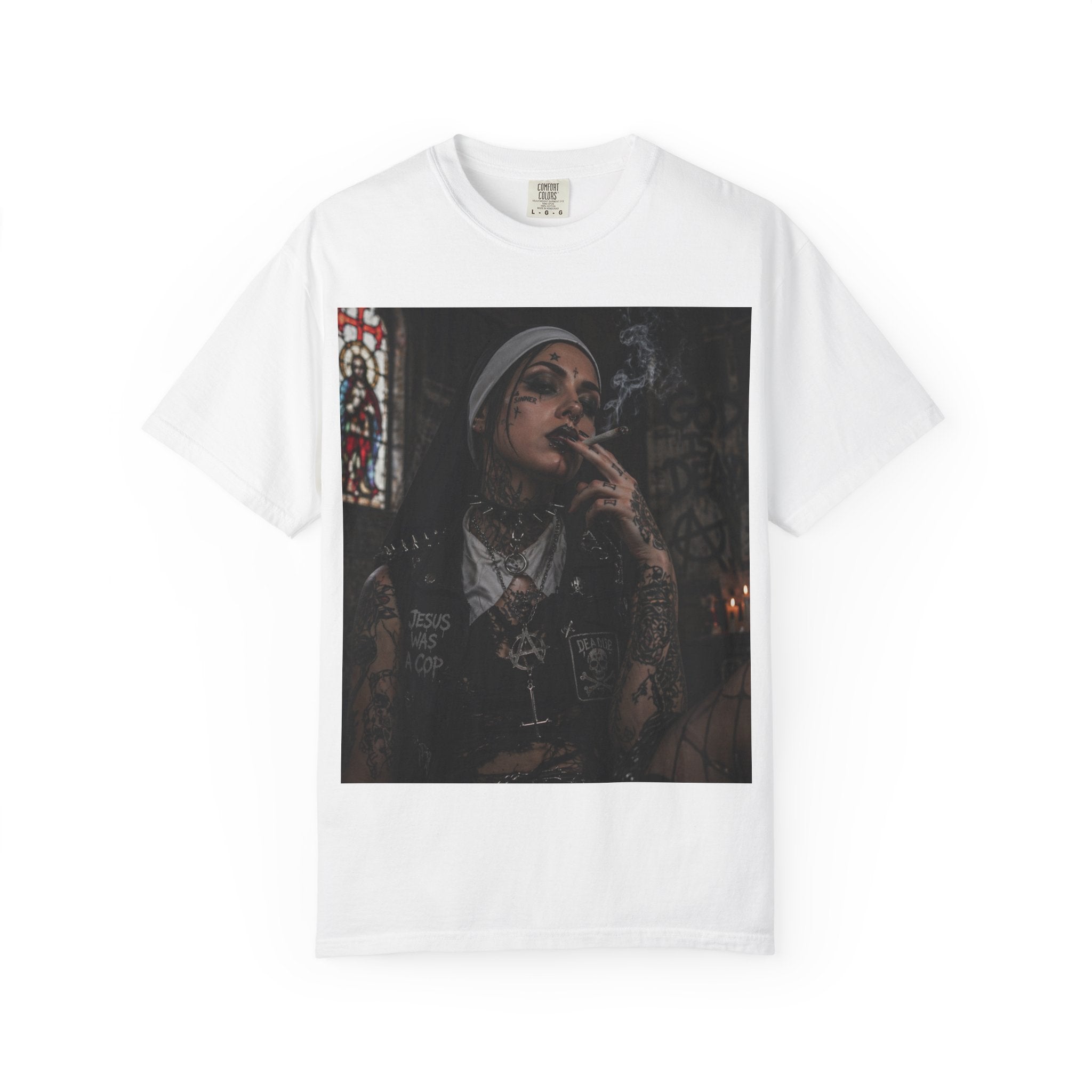 Dark Nun Portrait T-Shirt — Gothic Smoking Nun Graphic Tee