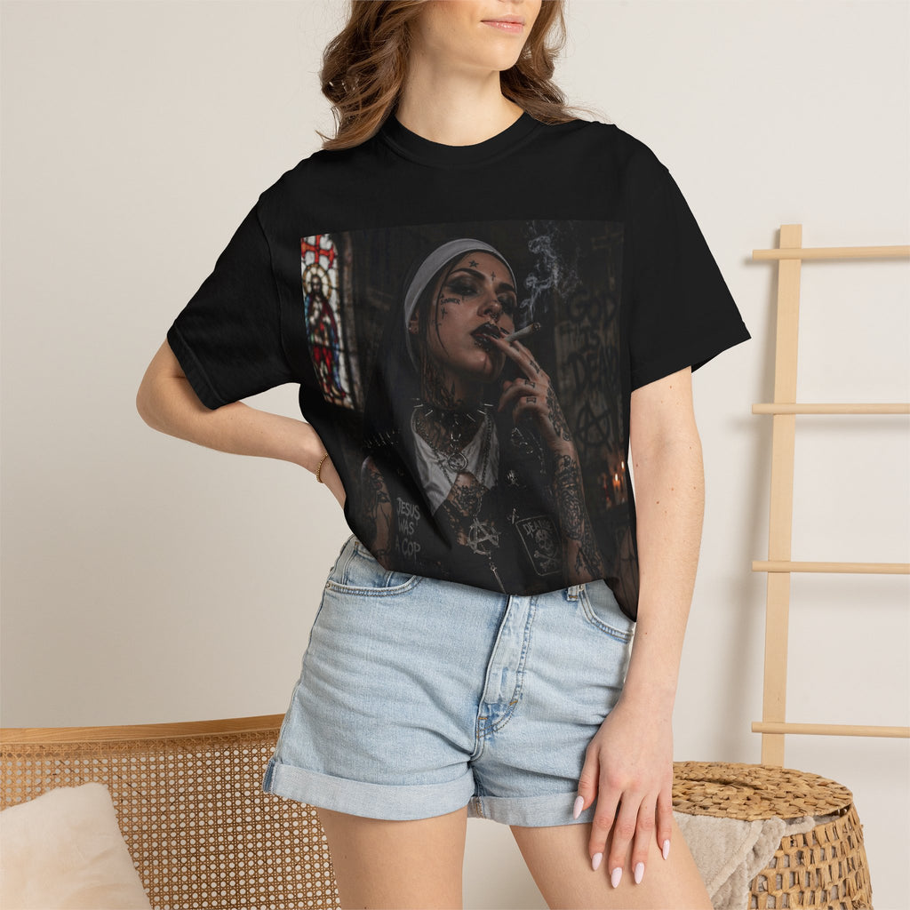 Dark Nun Portrait T-Shirt — Gothic Smoking Nun Graphic Tee