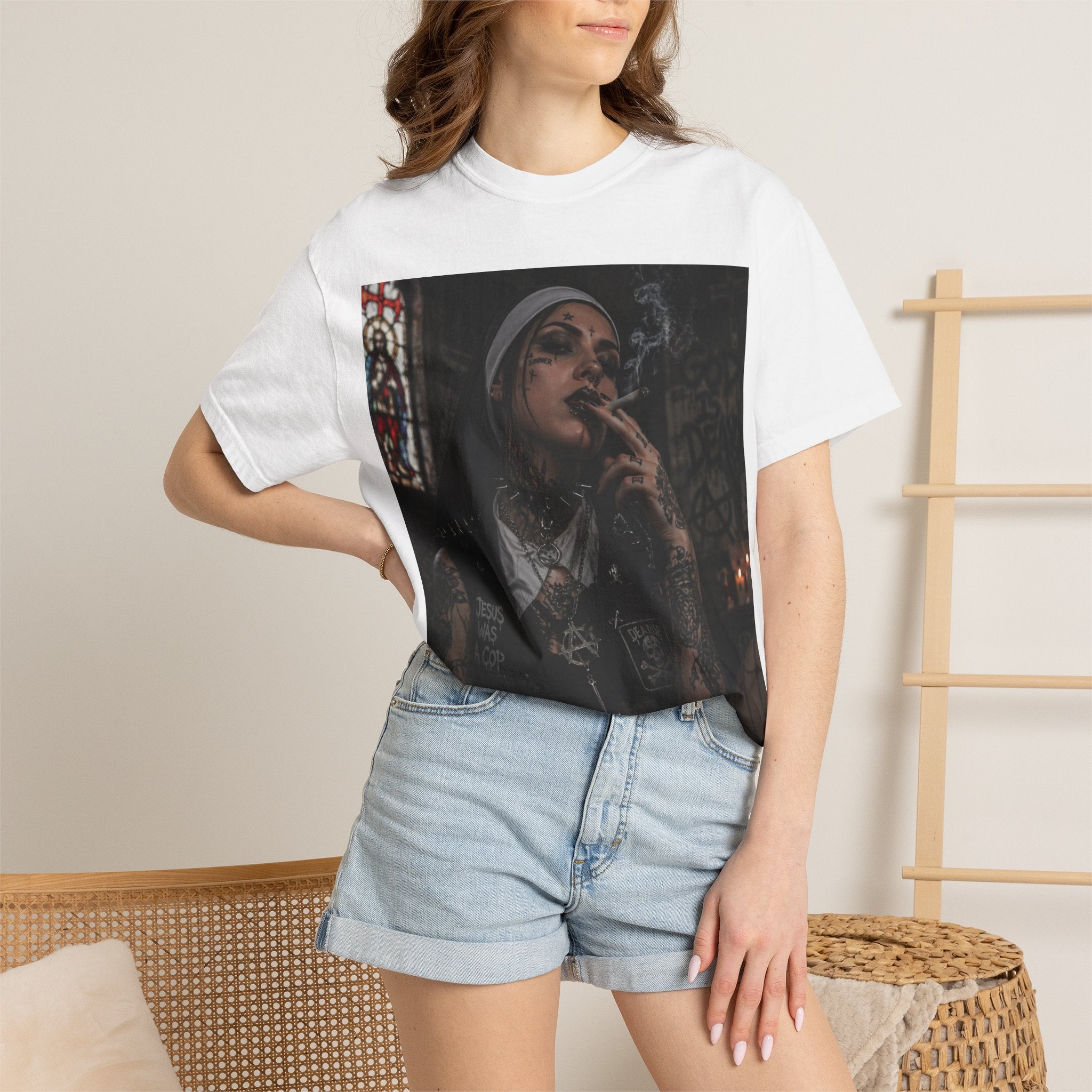 Dark Nun Portrait T-Shirt — Gothic Smoking Nun Graphic Tee
