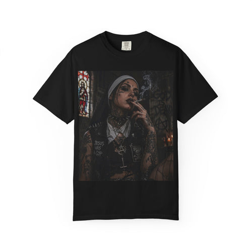 Dark Nun Portrait T-Shirt — Gothic Smoking Nun Graphic Tee