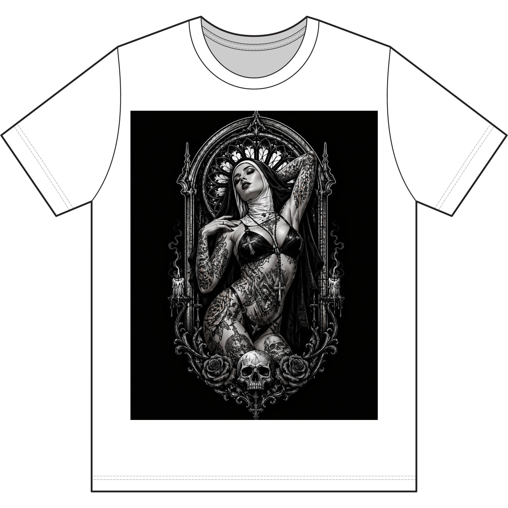 Gothic Tattooed Nun Tee — Dark Skull & Rose Graphic