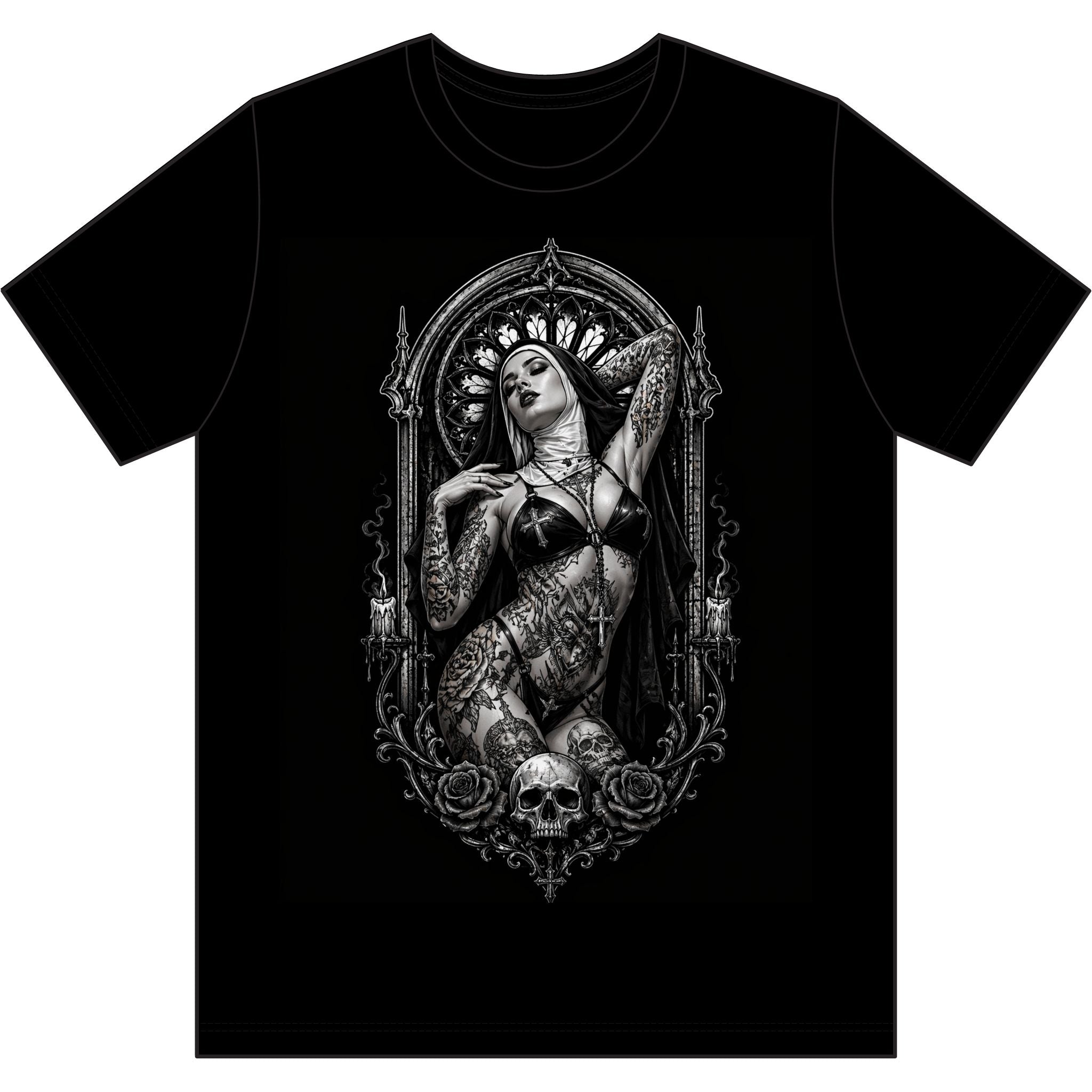 Gothic Tattooed Nun Tee — Dark Skull & Rose Graphic