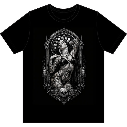 Gothic Tattooed Nun Tee — Dark Skull & Rose Graphic