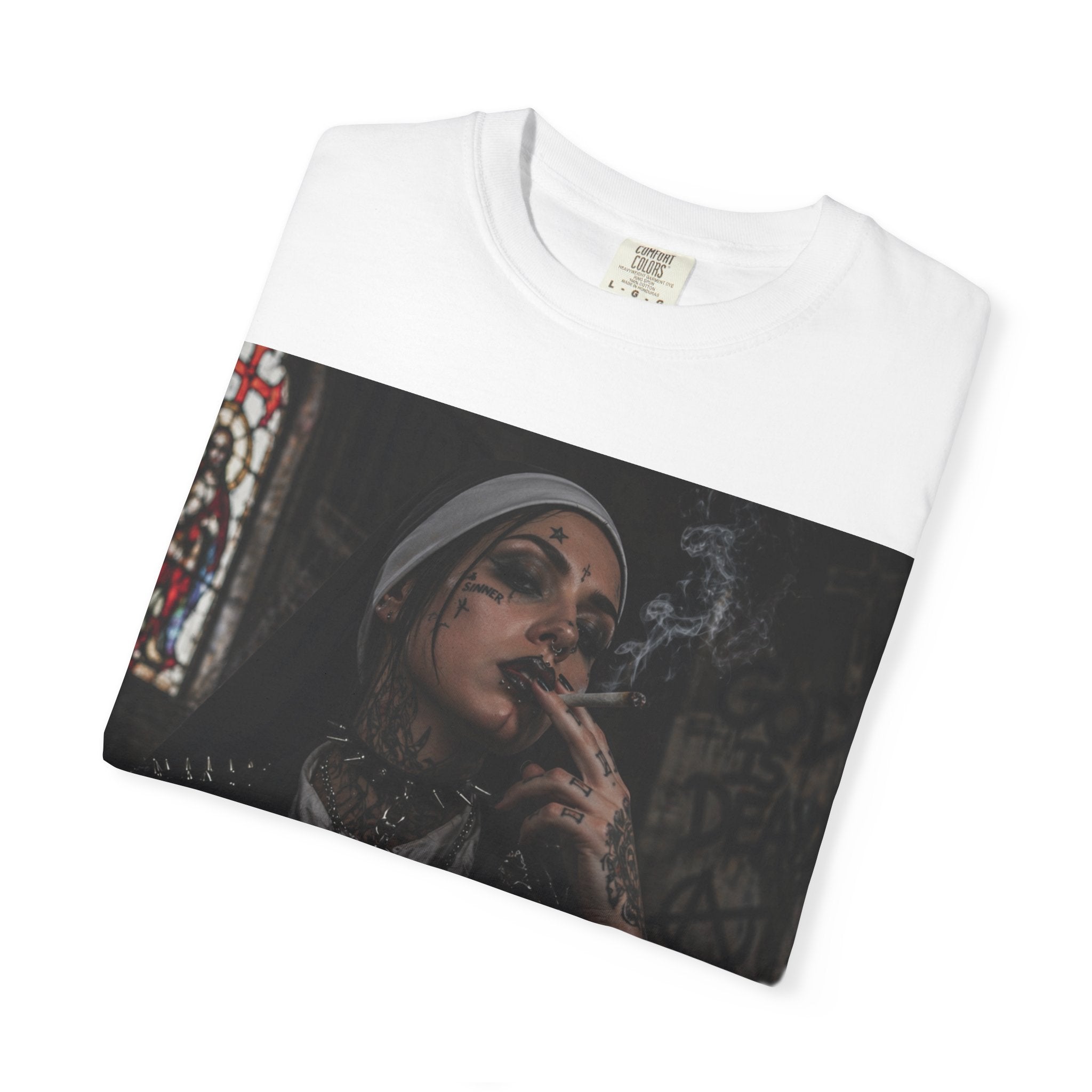 Dark Nun Portrait T-Shirt — Gothic Smoking Nun Graphic Tee